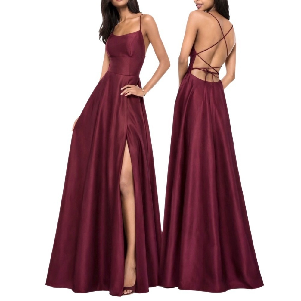 Sherri Hill Wine Burgundy Satin Lace Up Back Formal Dress Slit Pockets Sz 2